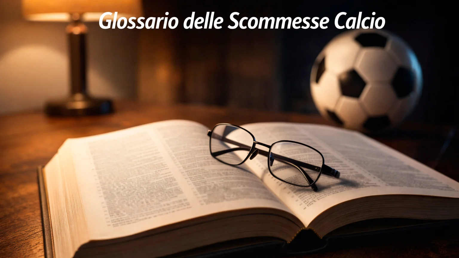 Libro aperto con termini di scommesse calcio e pallone sullo sfondo