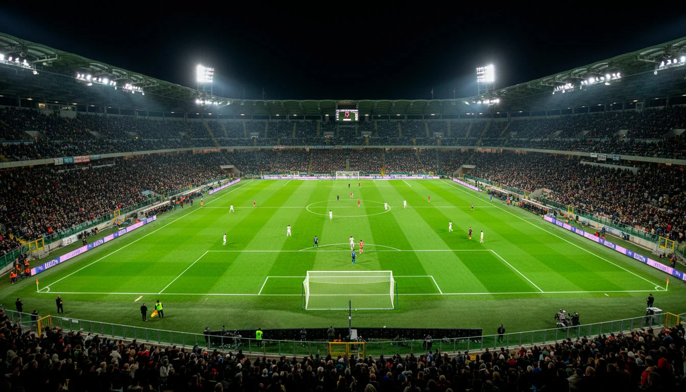 Stadio di calcio italiano illuminato per una partita serale - guida scommesse sportive