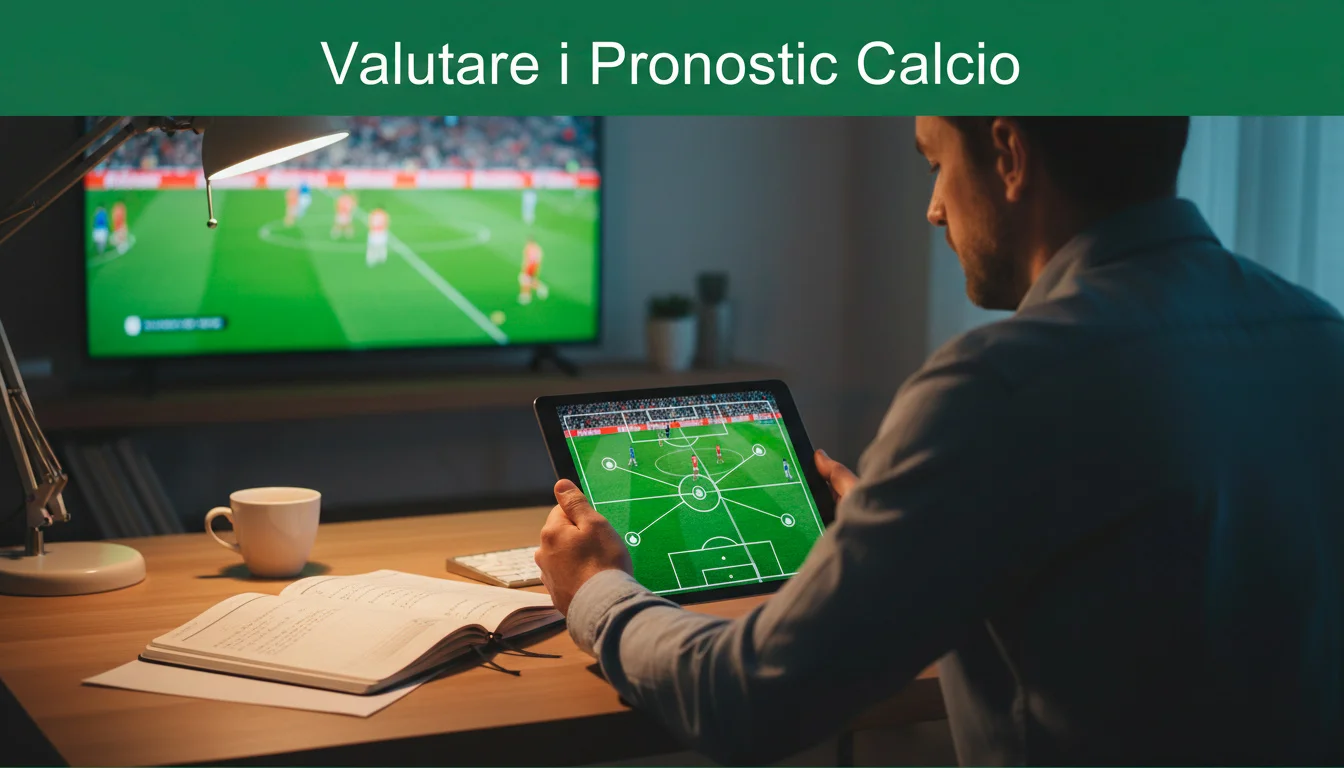 Analista che studia pronostici calcio con appunti e partita sullo sfondo
