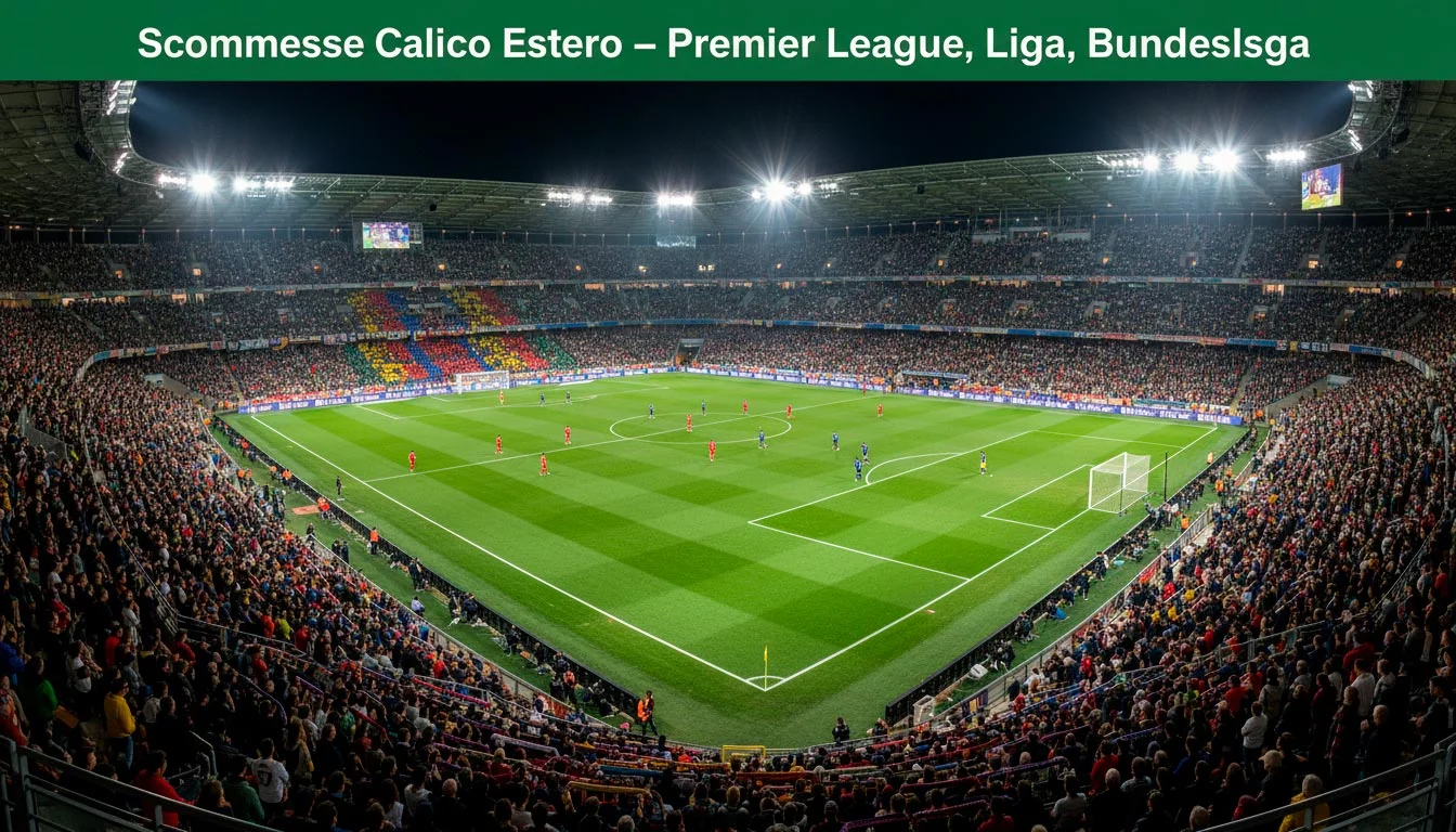 Stadio di calcio europeo pieno di tifosi durante partita di Premier League