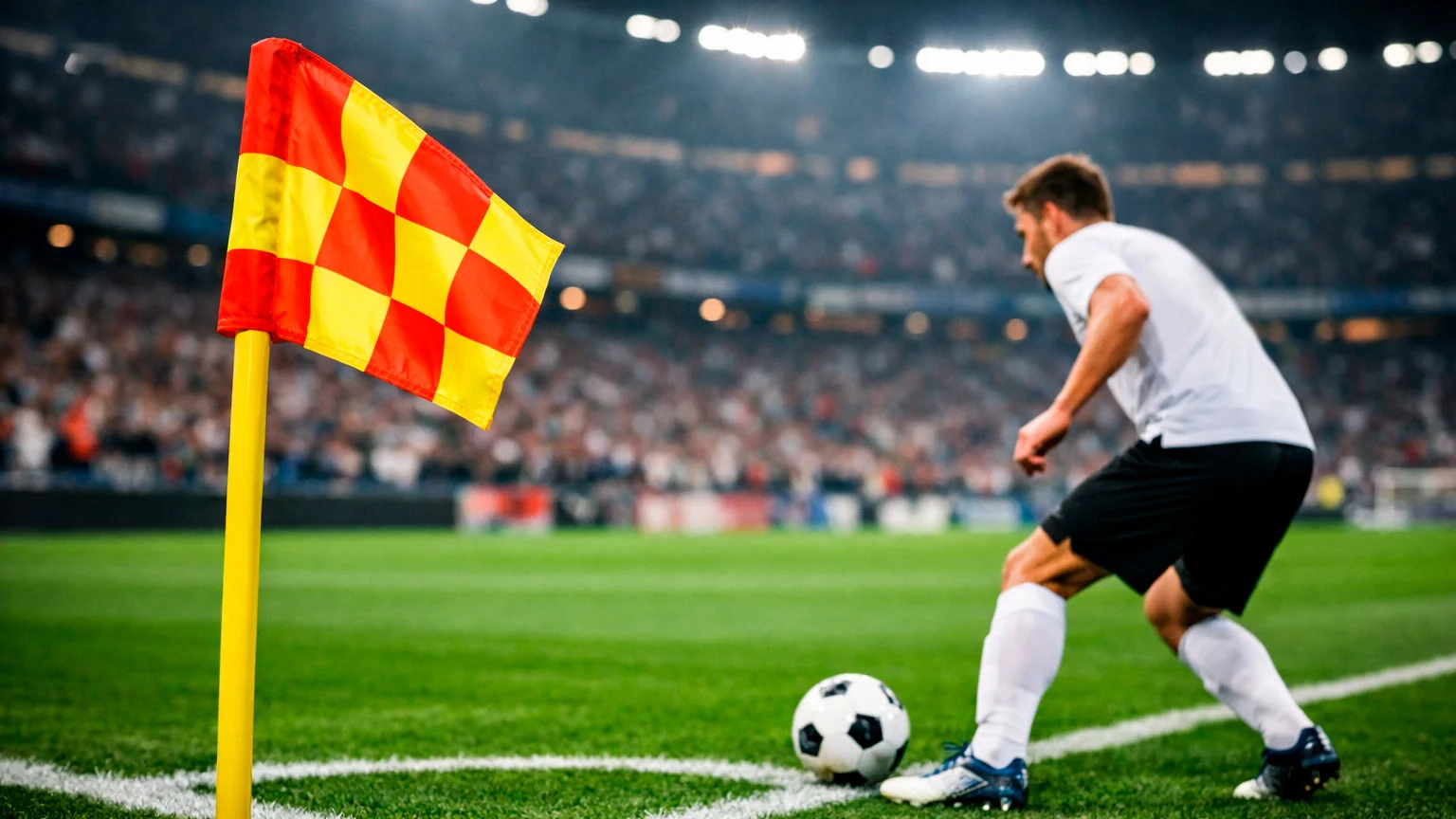 Calciatore che batte un calcio d'angolo con bandierina corner in primo piano