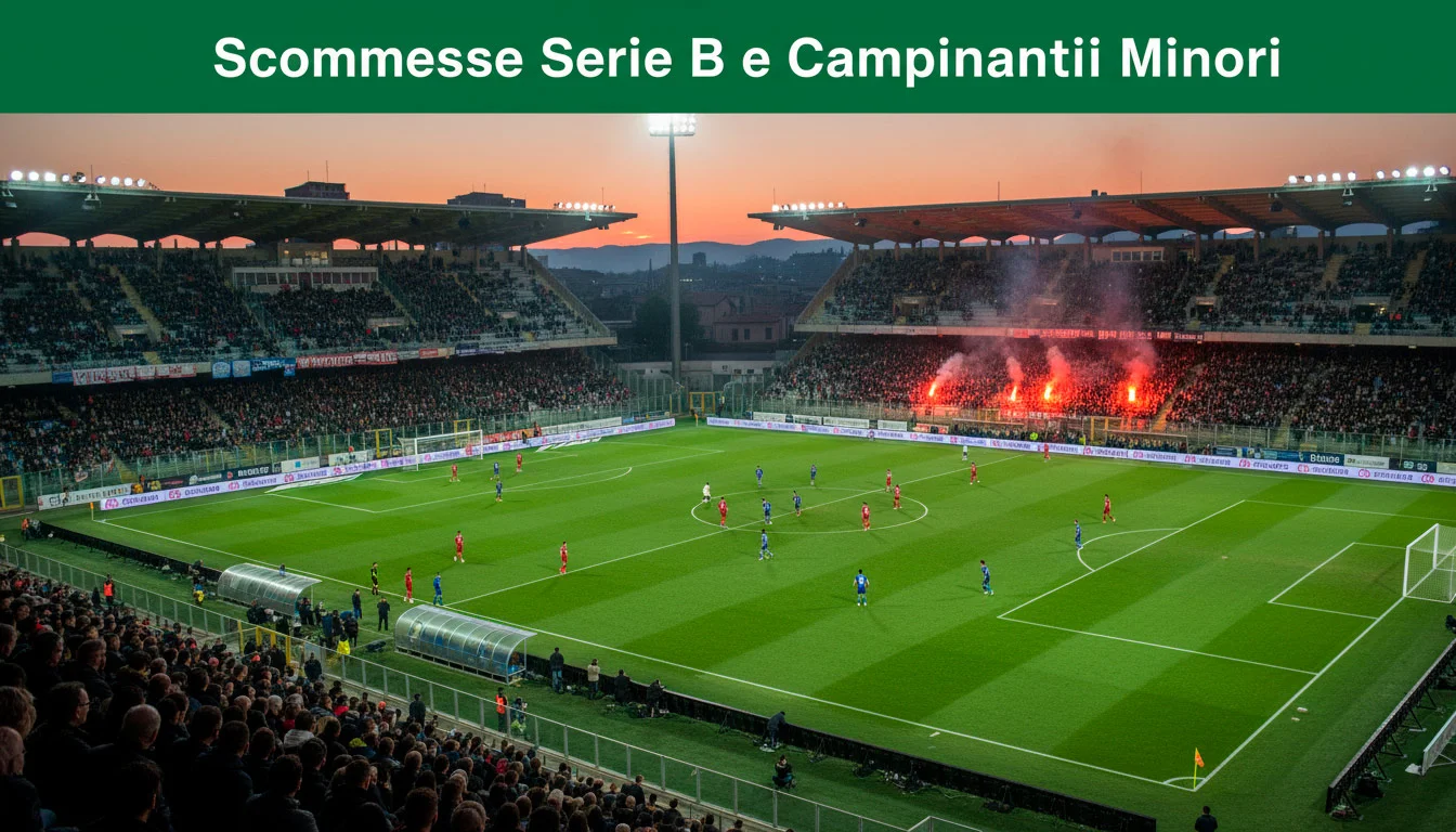 Stadio di calcio Serie B italiano con tifosi durante partita serale